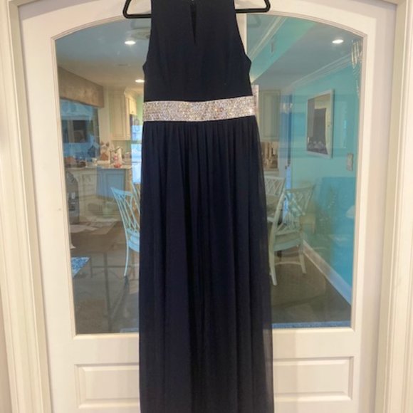 NAVY JUMPSUIT DRESS - R & M Richards Gorgeous Rhinestone Belt and Sheer Dress - Picture 7 of 7